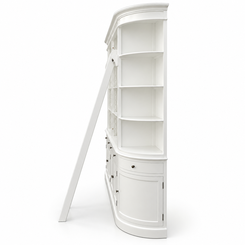 French Provincial Grand Library Bookcase Cabinet with Ladder & Curved Side Detailing Display