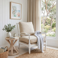 Hamptons Coastal Bobbin Linen and Timber Armchair