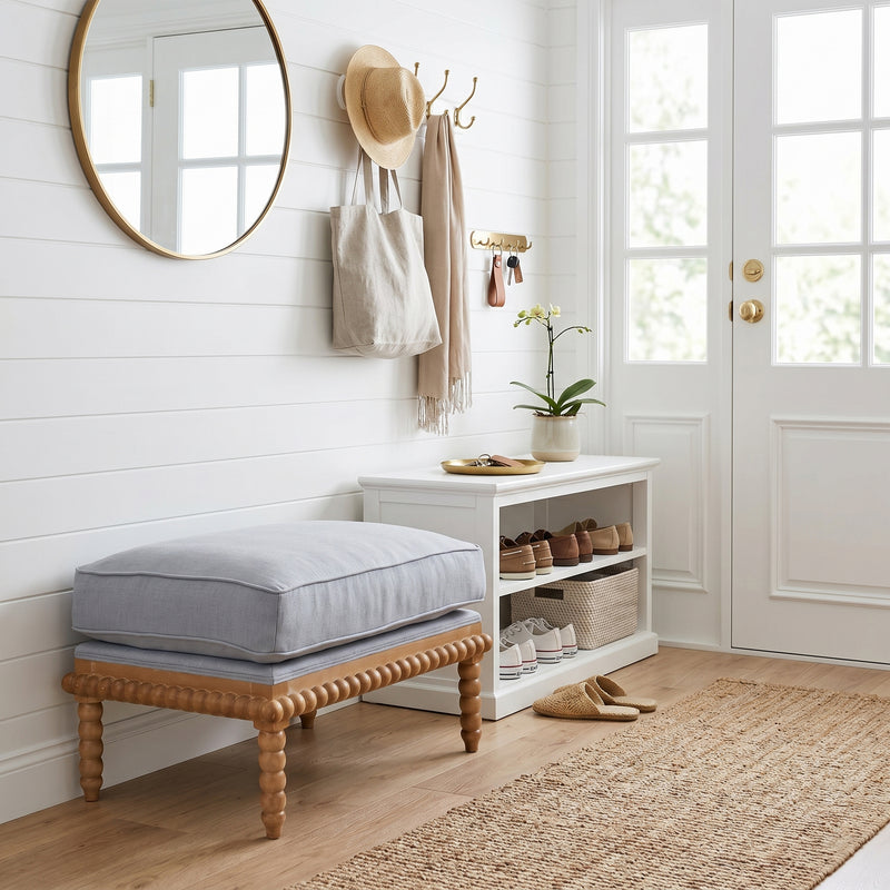 Hamptons Coastal Bobbin Line and Timber Ottoman Stool