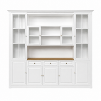 Hamptons Library Wall Unit Modular Buffet and Hutch Glass Cabinet with Cupboard in White with Natural Top