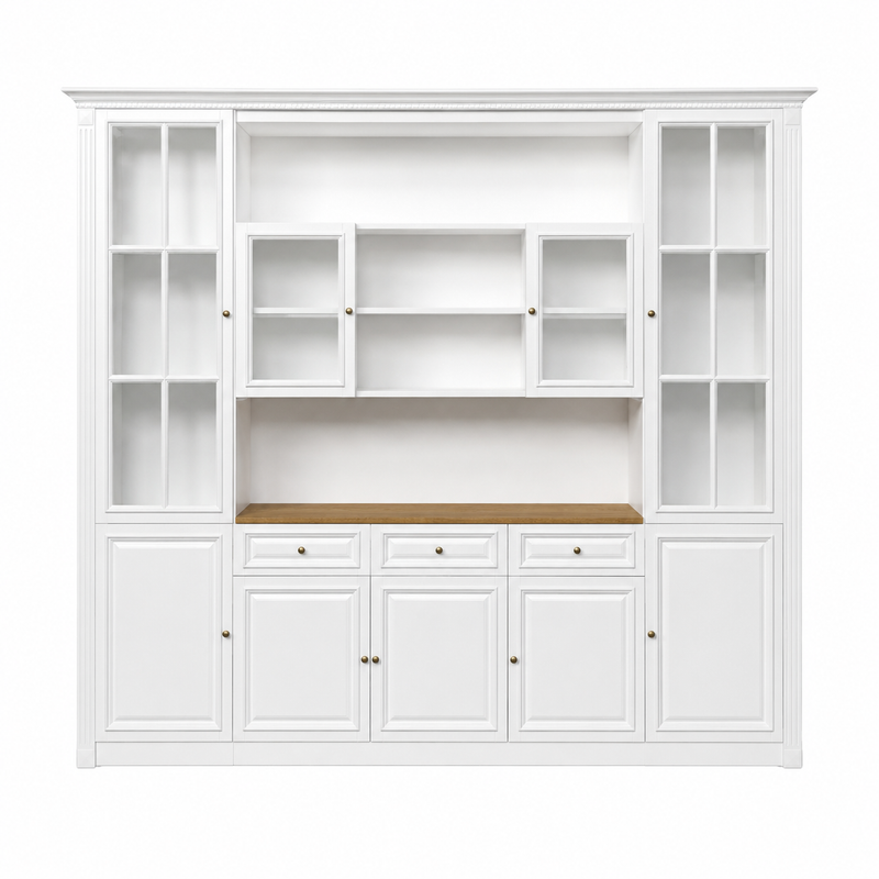 Hamptons Library Wall Unit Modular Buffet and Hutch Glass Cabinet with Cupboard in White with Natural Top