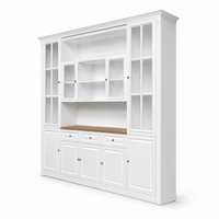 Hamptons Library Wall Unit Modular Buffet and Hutch Glass Cabinet with Cupboard in White with Natural Top