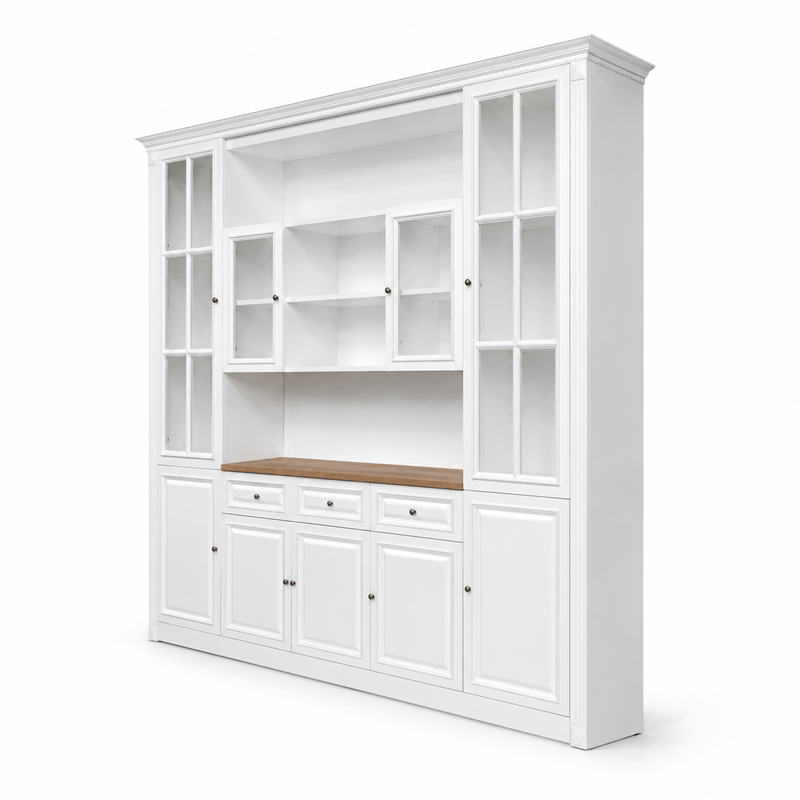 Hamptons Library Wall Unit Modular Buffet and Hutch Glass Cabinet with Cupboard in White with Natural Top