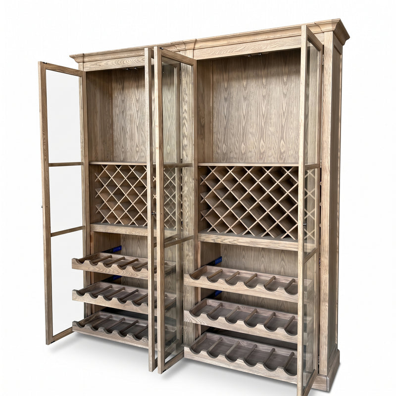 Hamptons Glass Door Display Wine Bar & Drink Cabinet with Storage, Lattice Wine Rack,Glass Holders & Bottle Trays 110cm Wide