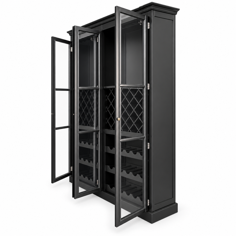 Hamptons Glass Door Display Wine Bar & Drink Cabinet with Storage, Lattice Wine Rack,Glass Holders & Bottle Trays 110cm Wide