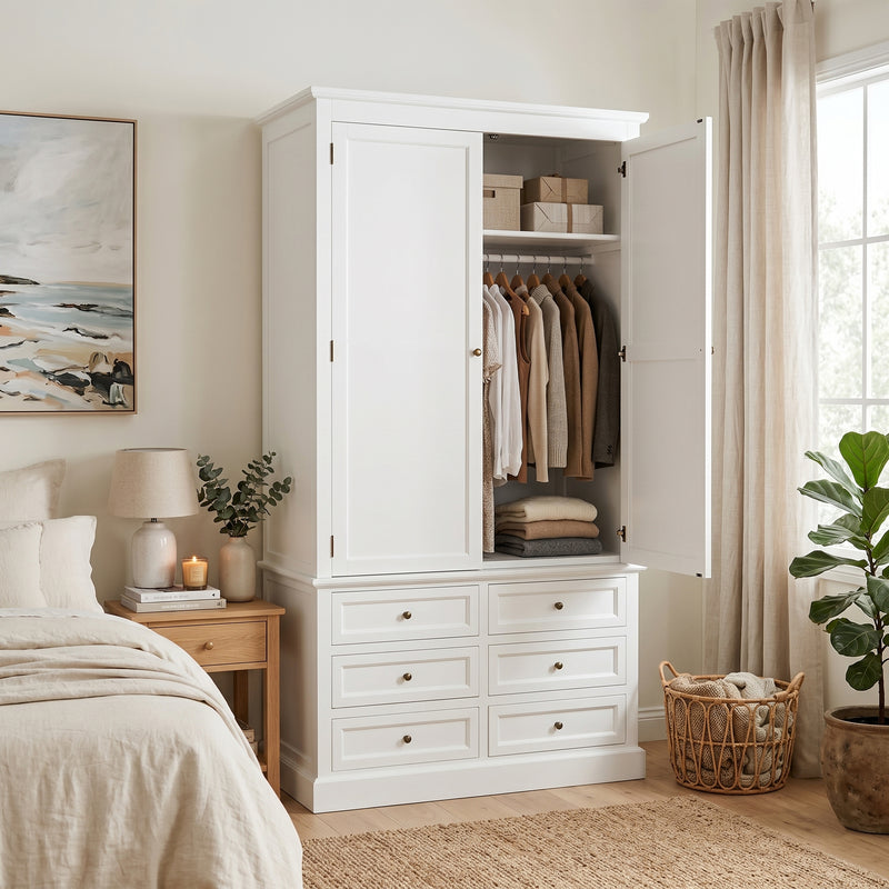 Hamptons Coastal Elegance 2-Door Wardrobe with 6-Drawer & Dresser Suite