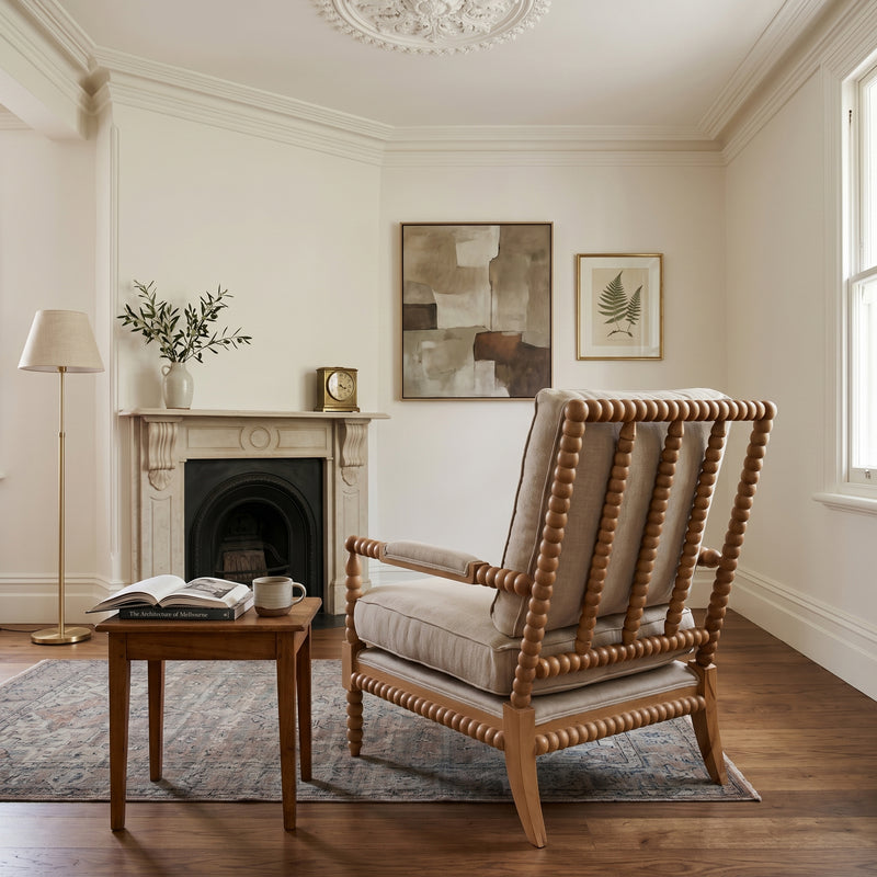 Hamptons Coastal Bobbin Linen and Timber Armchair