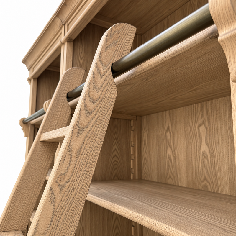 French Provincial Grand Library Bookcase Cabinet with Ladder & Curved Side Detailing Display