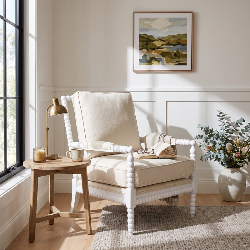 Hamptons Coastal Solid Timber Bobbin Linen Armchair with Removable Cushions