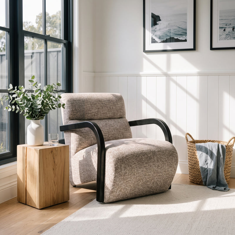 The Mosaic Bouclé Lounge Armchair with Black / Natural Frame in French Mist Grey / Toasted Oatmeal / Butter Cream