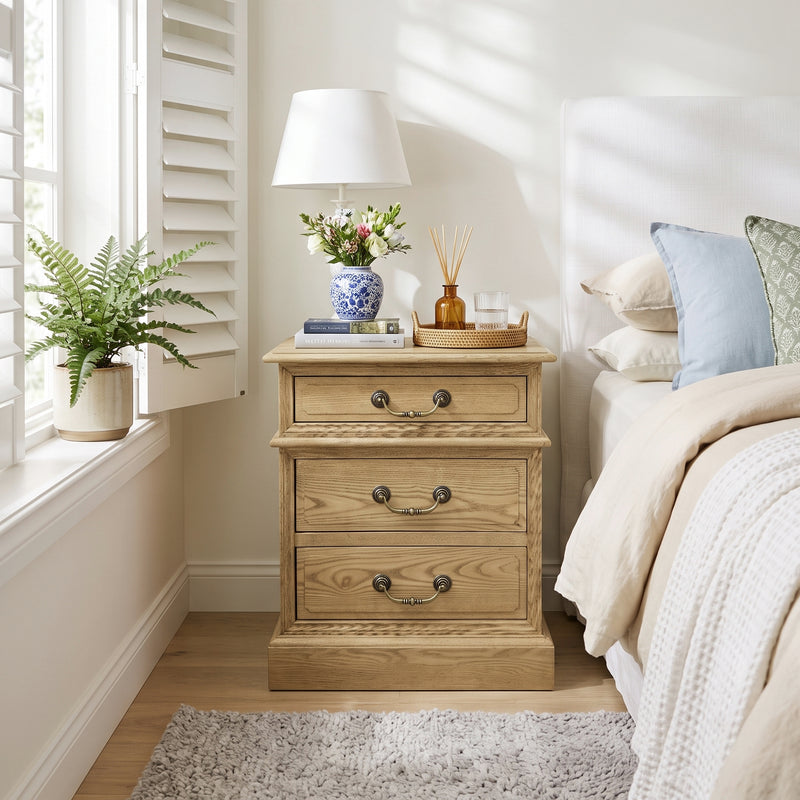 Hamptons Halifax Classic 3 Drawer Bedside Lamp Table
