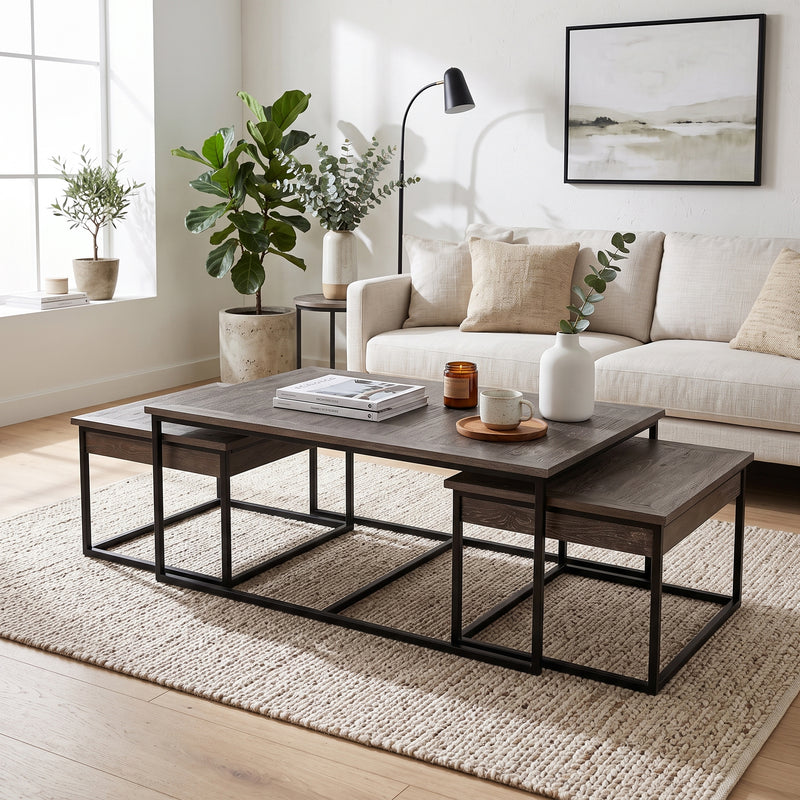 Urban Living Style 3-Piece Oak Wood & Iron Square Nesting Coffee Table Set