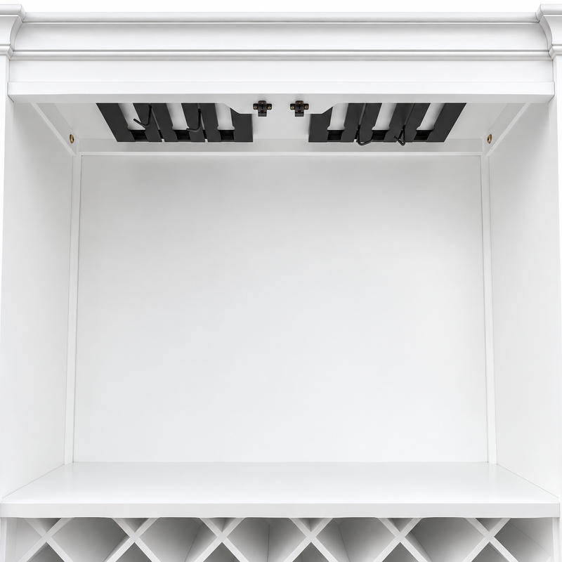 Hamptons Glass Door Display Wine Bar & Drink Cabinet with Storage, Lattice Wine Rack,Glass Holders & Bottle Trays 110cm Wide