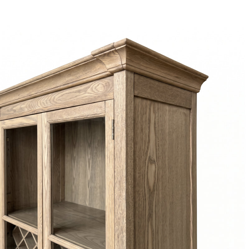 Hamptons Glass Door Display Wine Bar & Drink Cabinet with Storage, Lattice Wine Rack,Glass Holders & Bottle Trays 110cm Wide
