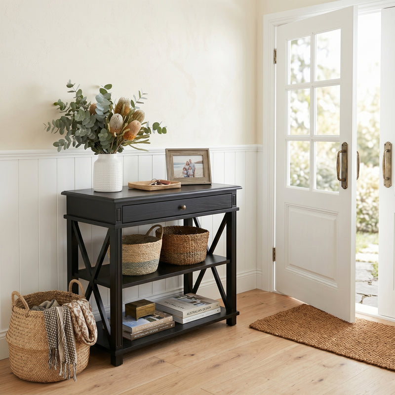 Hamptons Coastal Cross 1 Drawer Bedside Table with Shelf
