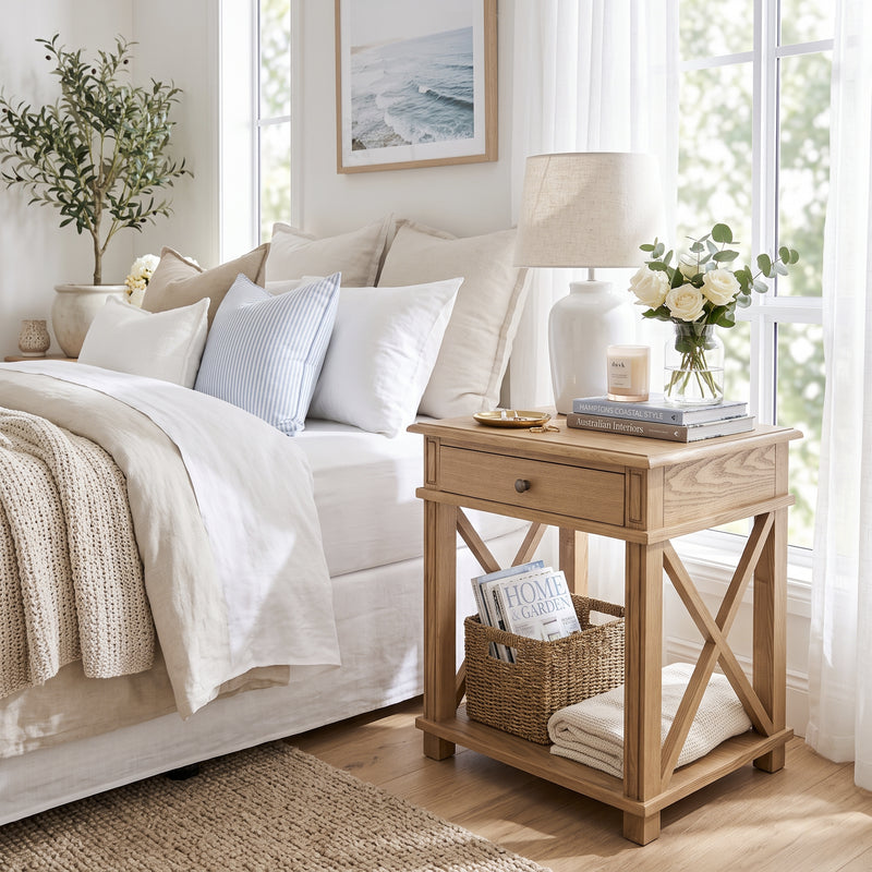 Hamptons Coastal Cross 1 Drawer Bedside Table
