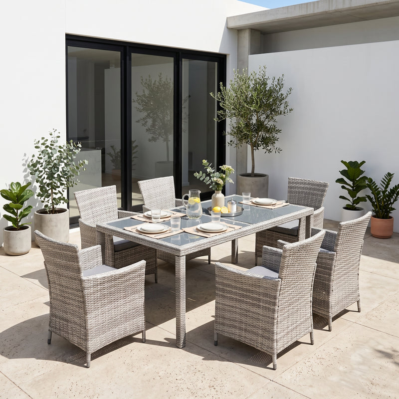 Malibu 9 Piece 8 Seater Outdoor Dining Set Furniture Rattan Steel Frame Light Ash Brown