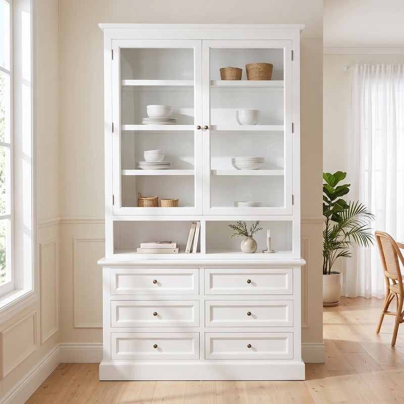 Hamptons Halifax 2 Glass Door 6 Drawer Kitchen Cabinet