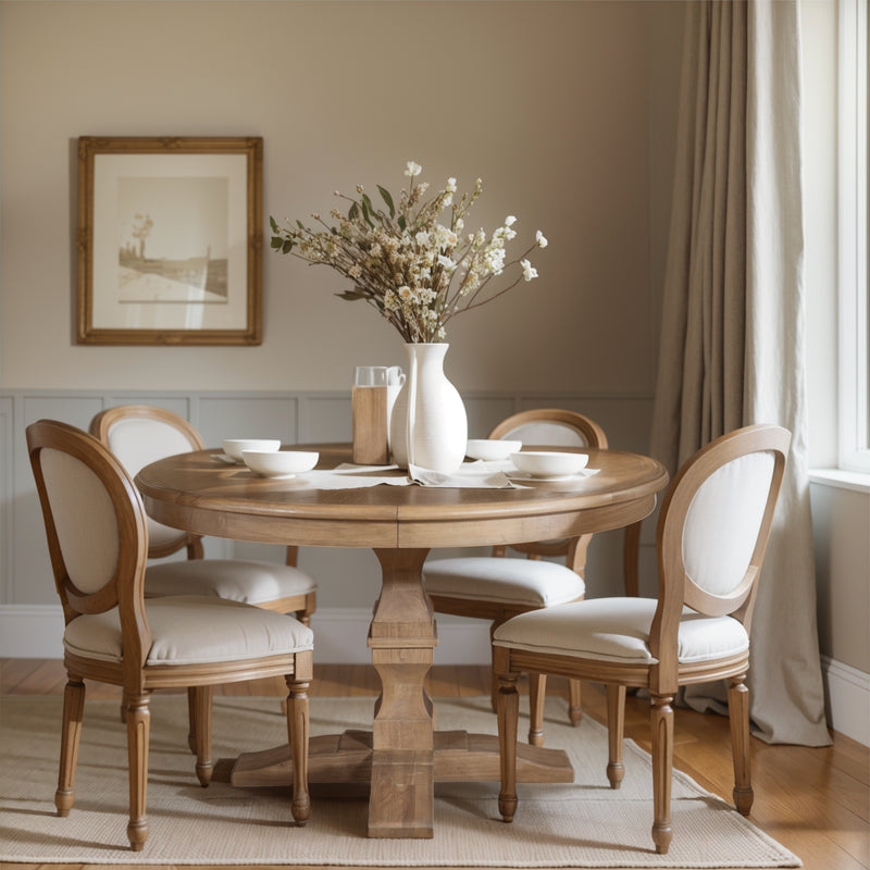 French Provincial Farmhouse Oak Extendable Round Pedestal Dining Table