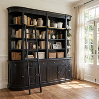 French Provincial Grand Library Bookcase Cabinet with Ladder & Curved Side Detailing Display