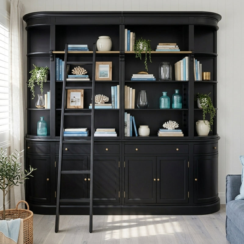 French Provincial Grand Library Bookcase Cabinet with Ladder & Curved Side Detailing Display