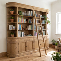 French Provincial Grand Library Bookcase Cabinet with Ladder & Curved Side Detailing Display