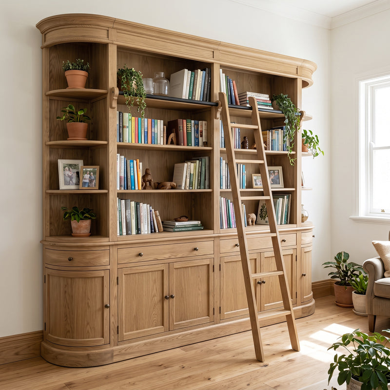 French Provincial Grand Library Bookcase Cabinet with Ladder & Curved Side Detailing Display