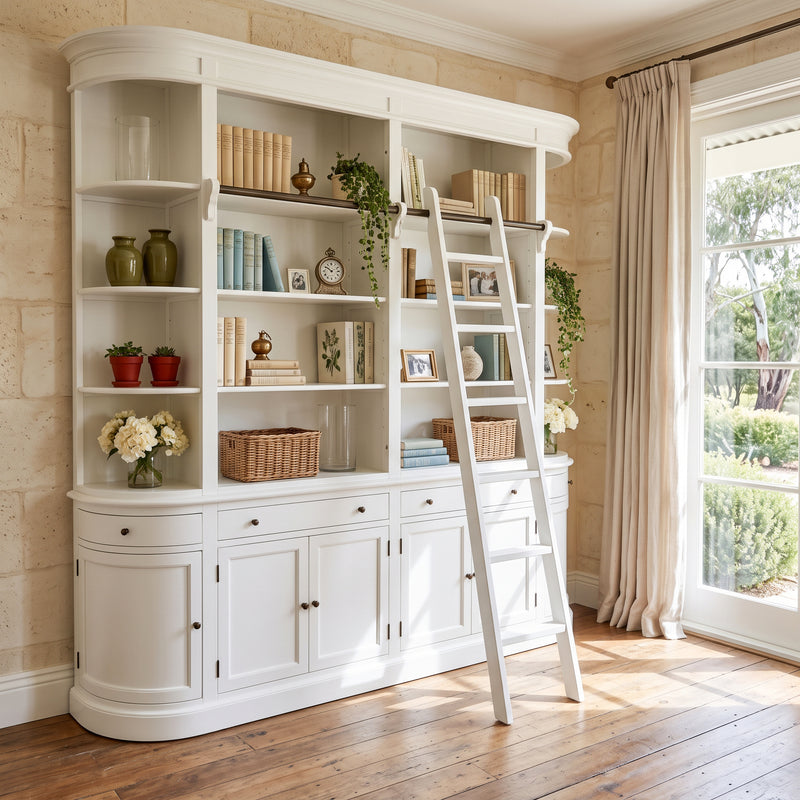 Hamptons French Provincial Library Bookcase Cabinet with Sliding Ladder & Curved Display Shelves