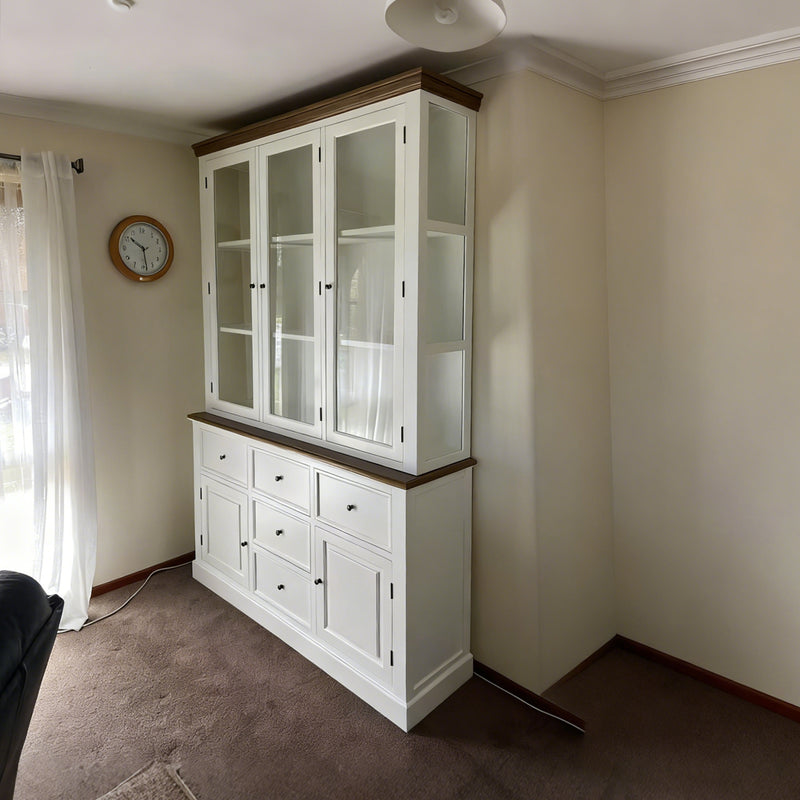 Hamptons Coastal Hutch and Buffet 5 Drawer Glass Display Cabinet