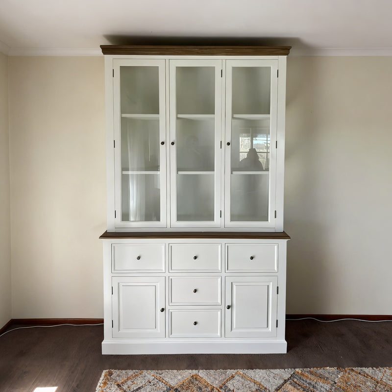 Hamptons Coastal Hutch and Buffet 5 Drawer Glass Display Cabinet