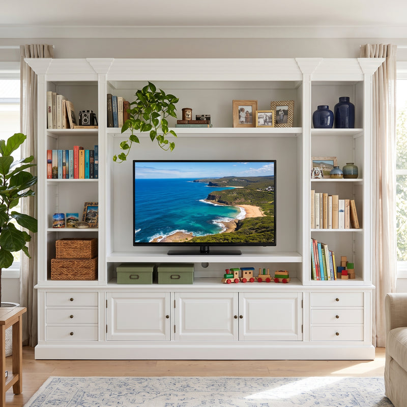 Hamptons White TV Entertainment Wall Unit 265cm with 6 Drawers & Adjustable Shelves