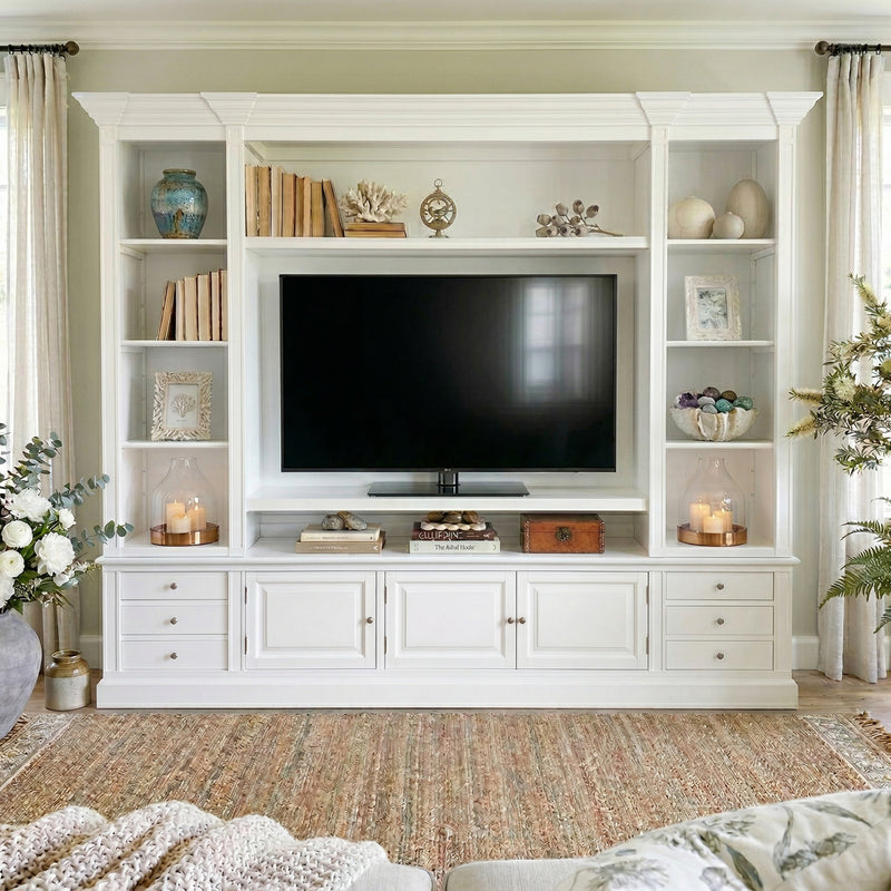Hamptons Coastal White Entertainment TV Unit Cabinet with Solid Hardwood Upgraded