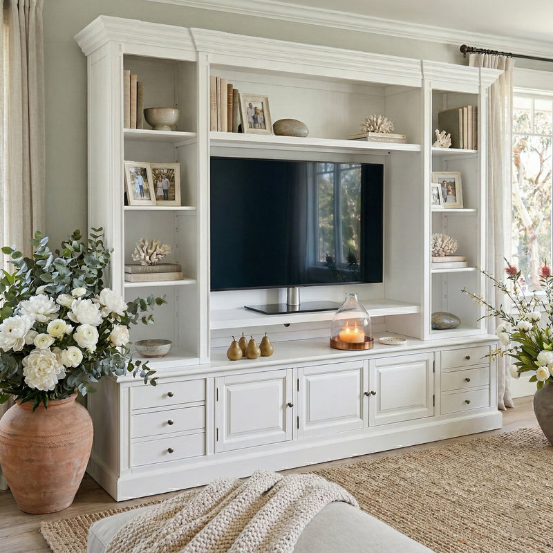 Hamptons Coastal White Entertainment TV Unit Cabinet with Solid Hardwood Upgraded