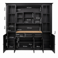 Hamptons Library Wall Unit Modular Buffet and Hutch Glass Cabinet with Cupboard in Black with Natural Top (Pre-order extra $1000 Early Bird discount)