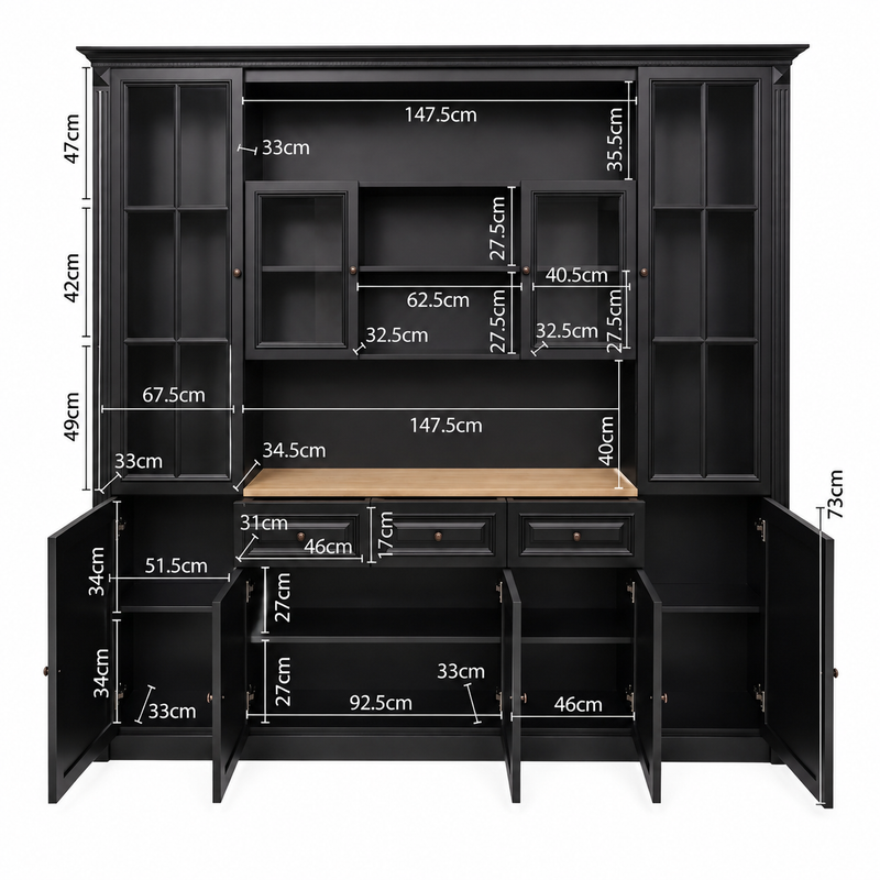 Hamptons Library Wall Unit Modular Buffet and Hutch Glass Cabinet with Cupboard in Black with Natural Top (Pre-order extra $1000 Early Bird discount)