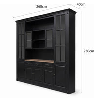 Hamptons Library Wall Unit Modular Buffet and Hutch Glass Cabinet with Cupboard in Black with Natural Top (Pre-order extra $1000 Early Bird discount)