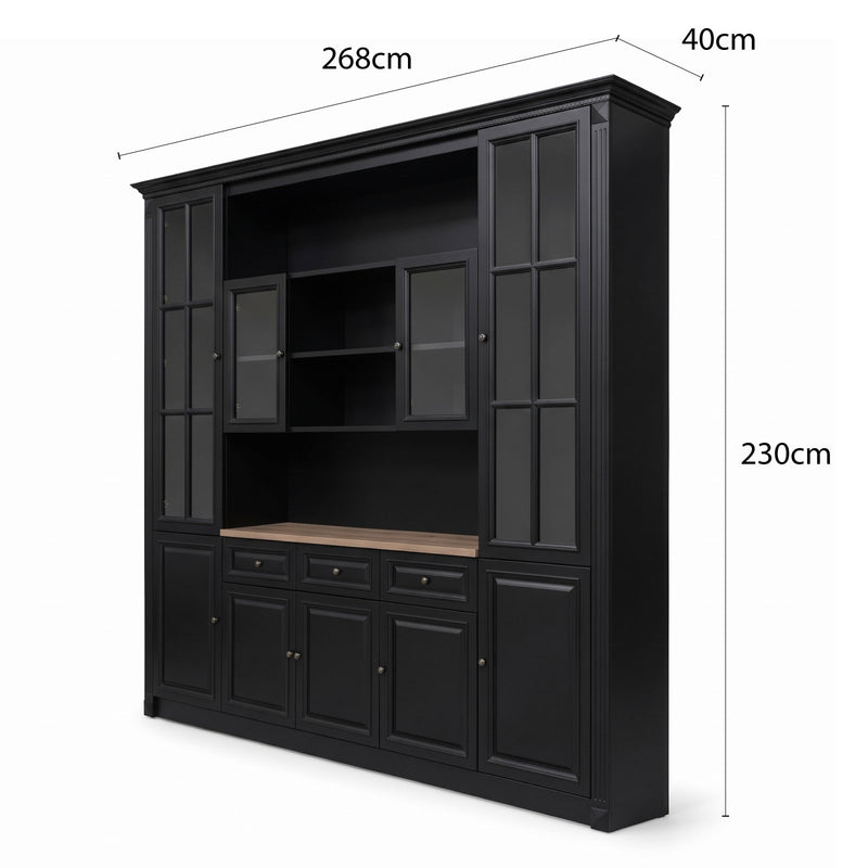 Hamptons Library Wall Unit Modular Buffet and Hutch Glass Cabinet with Cupboard in Black with Natural Top (Pre-order extra $1000 Early Bird discount)