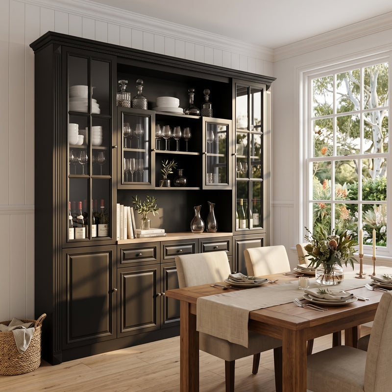 Hamptons Library Wall Unit Modular Buffet and Hutch Glass Cabinet with Cupboard in Black with Natural Top (Pre-order extra $1000 Early Bird discount)
