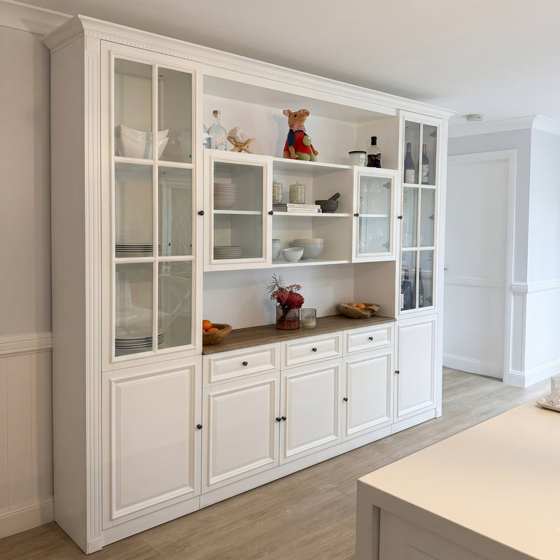 Hamptons Library Wall Unit Modular Buffet and Hutch Glass Cabinet with Cupboard in White with Natural Top