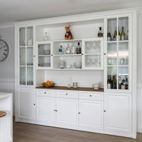 Hamptons Library Wall Unit Modular Buffet and Hutch Glass Cabinet with Cupboard in White with Natural Top