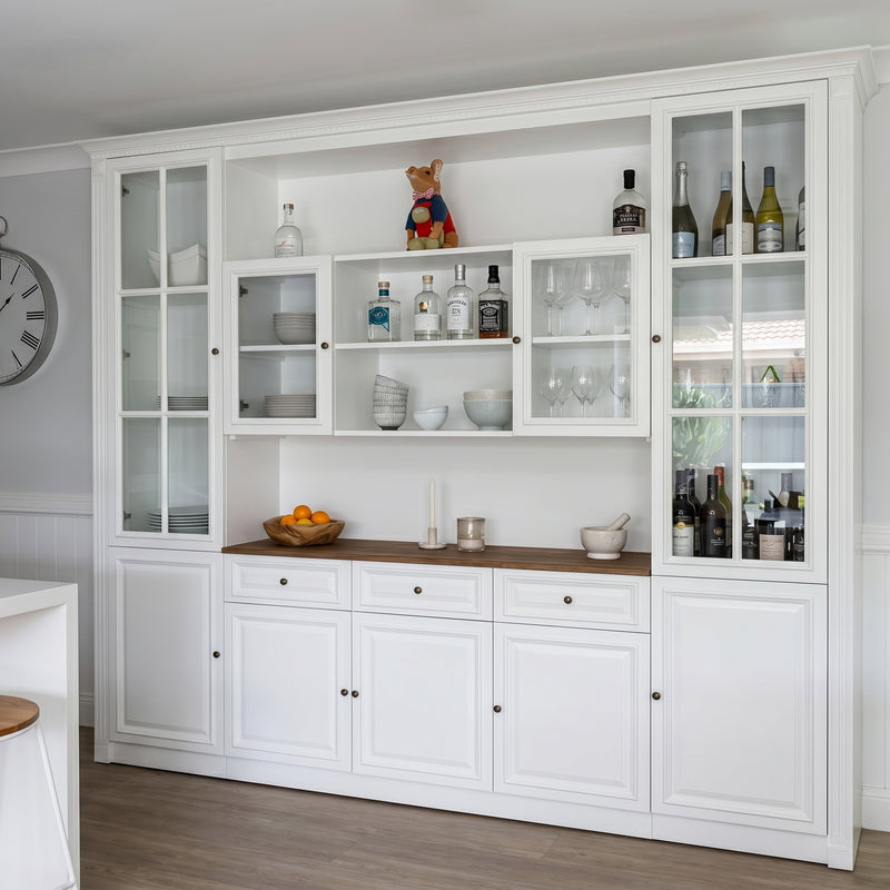 Hamptons Library Wall Unit Modular Buffet and Hutch Glass Cabinet with Cupboard in White with Natural Top