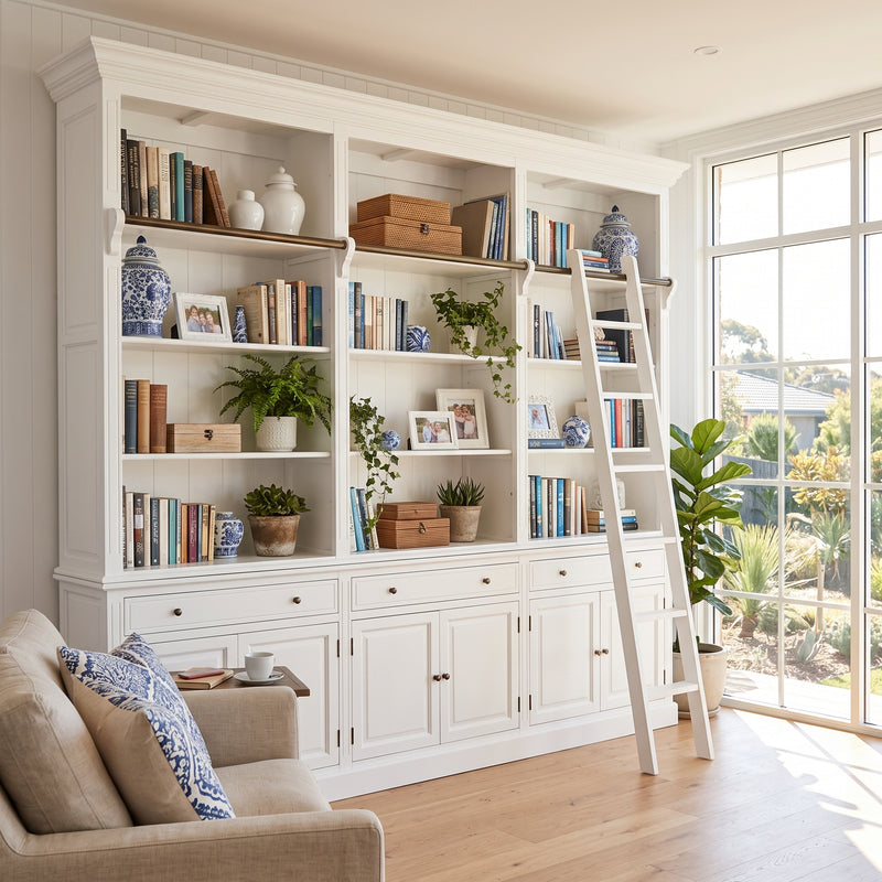 Hamptons Halifax 3 Bay Buffet and Hutch Bookcase with Ladder