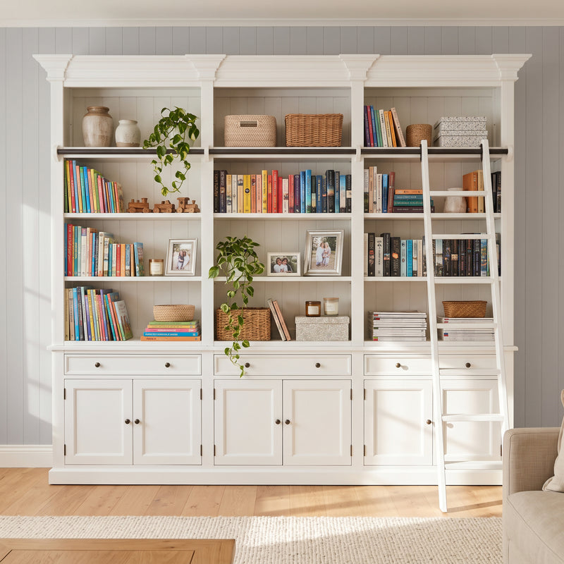 Hamptons Halifax 3 Bay Buffet and Hutch Bookcase with Ladder