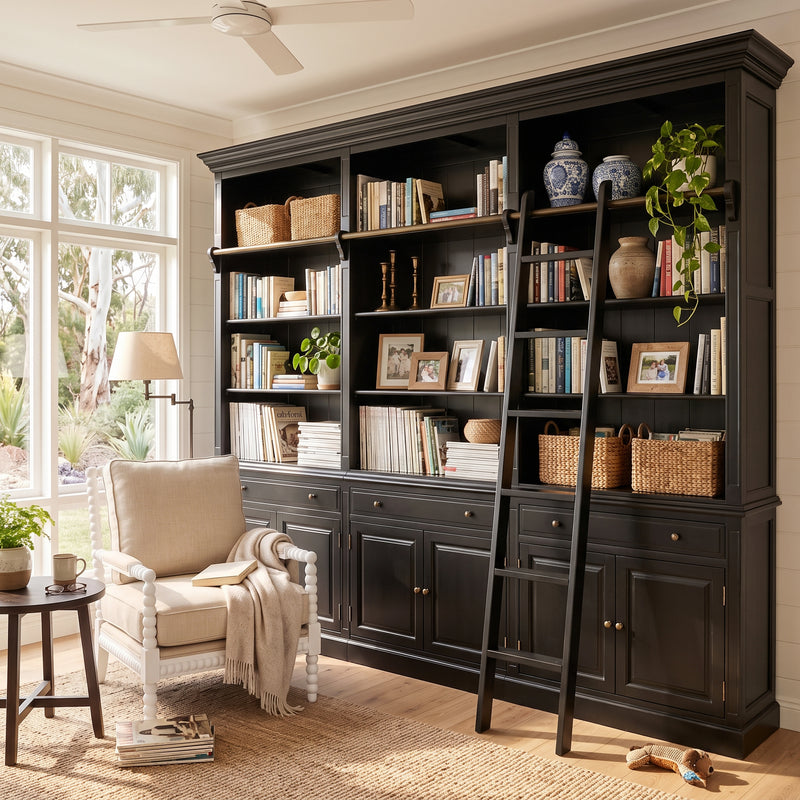 Hamptons Halifax 3 Bay Buffet and Hutch Bookcase with Ladder