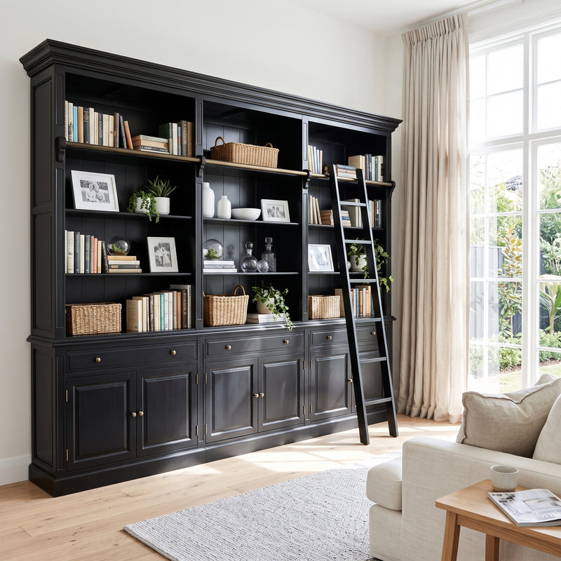 Hamptons Halifax 3 Bay Buffet and Hutch Bookcase with Ladder