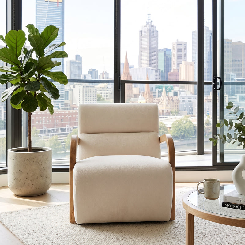 Amber Wave Curved Timber Armchair – Better Cream with Luxuriously Plush Sink-In Comfort Seating