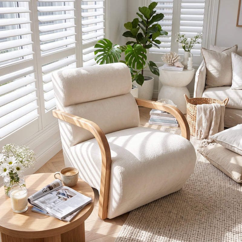 Hamptons Amber Wave Curved Timber Armchair with Luxuriously Plush Sink-In Comfort Seating