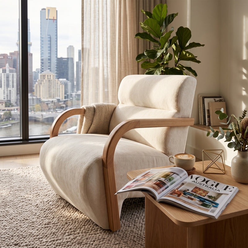 Amber Wave Curved Timber Armchair – Better Cream with Luxuriously Plush Sink-In Comfort Seating