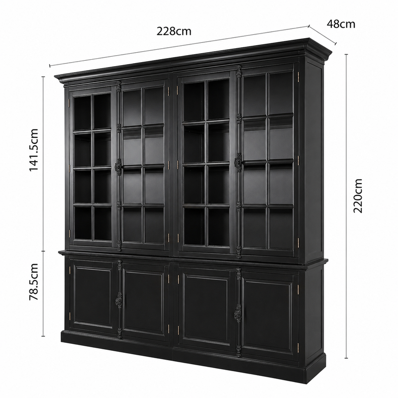 French Provincial Casement Double Glass Door Display Buffet and Hutch Cabinet Bookcase