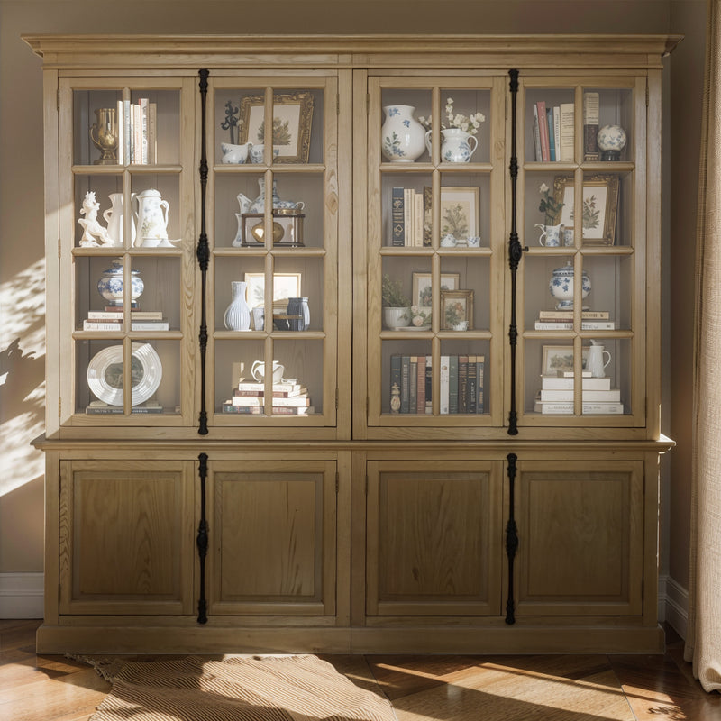 French Provincial Casement Double Glass Door Display Buffet and Hutch Cabinet Bookcase